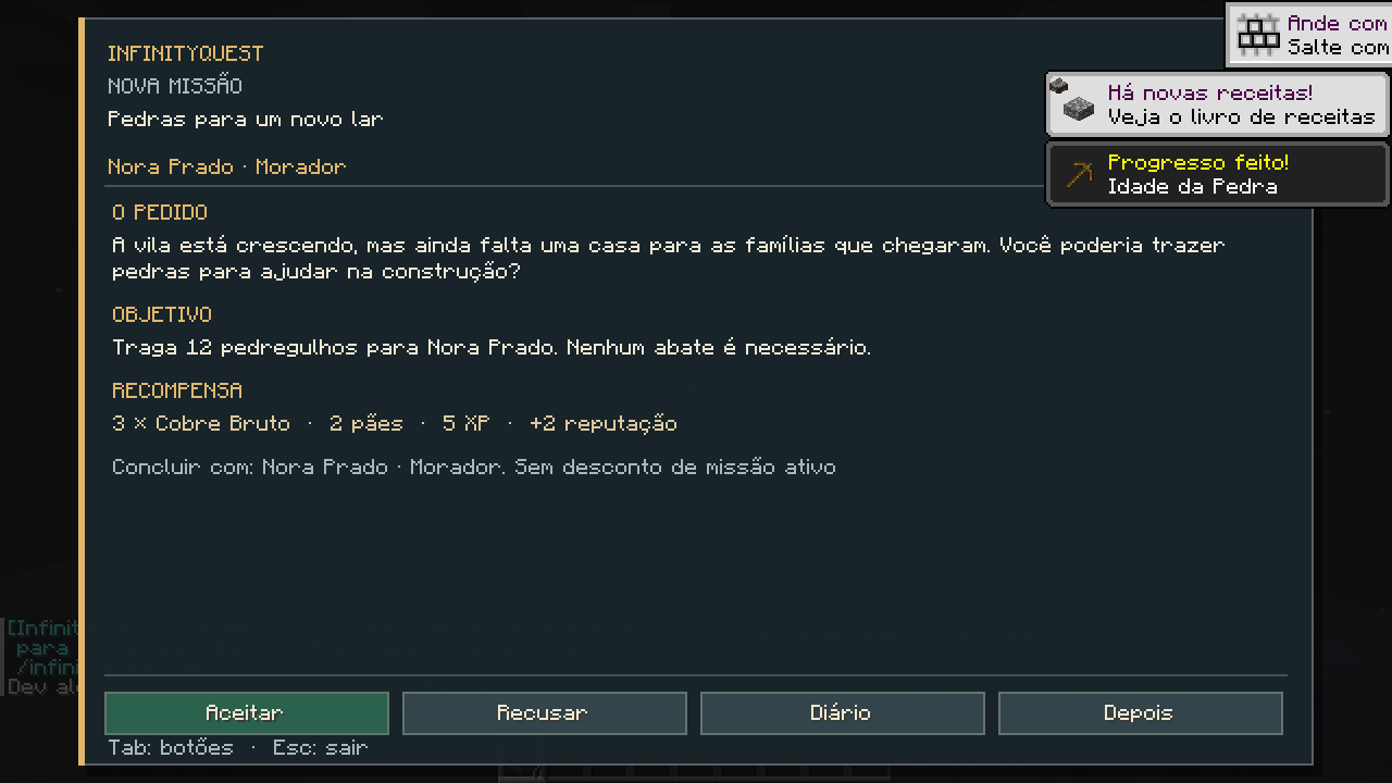 Oferta de missão Pedras para um novo lar, com narrativa, objetivo, recompensa e botões de decisão